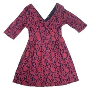 Miusol Red Floral Navy Underlay Lace Fit and Flare Dress Size XL Surplice Front